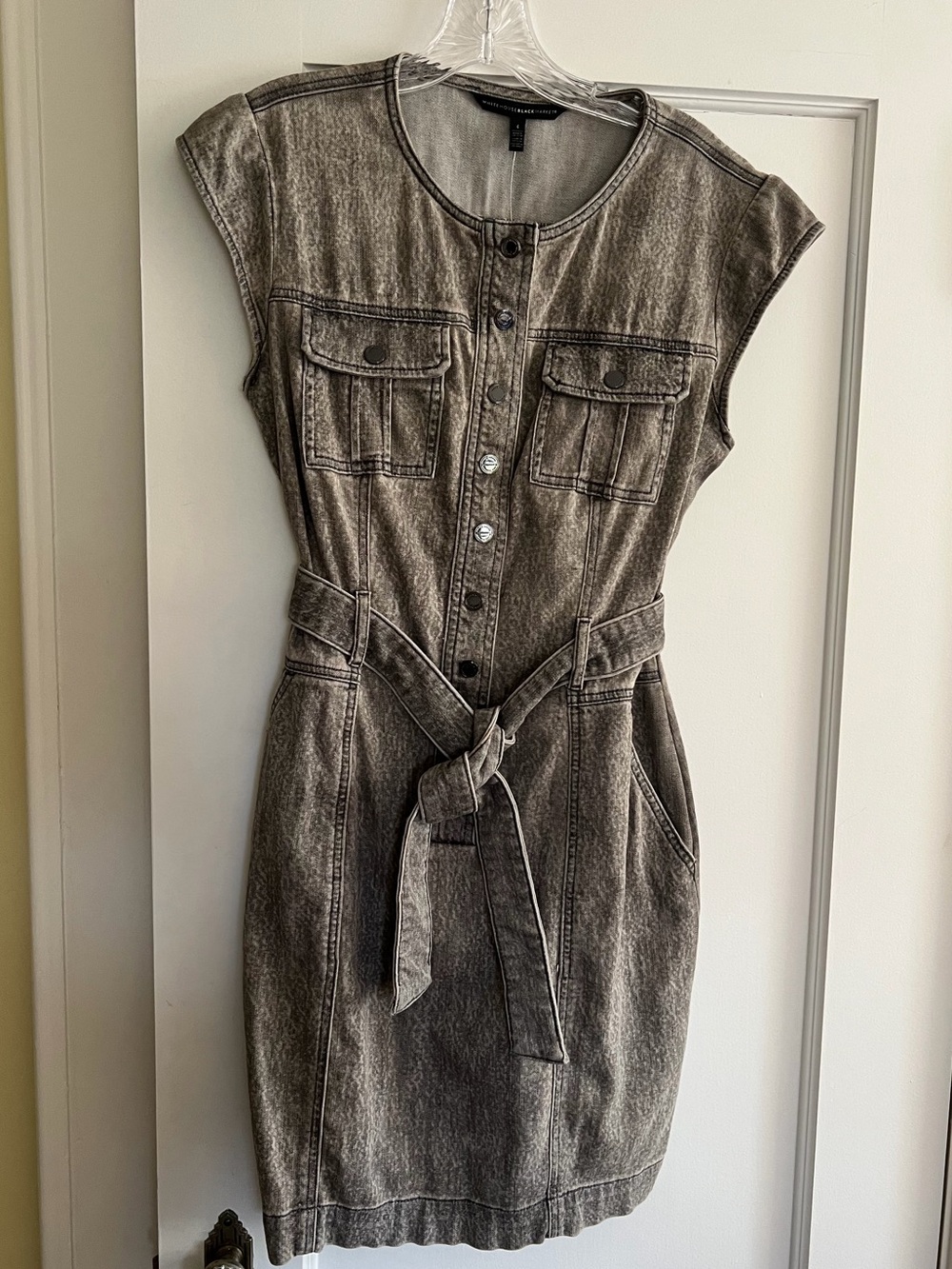 WHITE HOUSE BLACK MARKET belted denim dress moonlight gray -4-NWT!